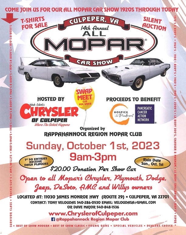 flyer for the 14th annual all mopar car show in culpepper virginia